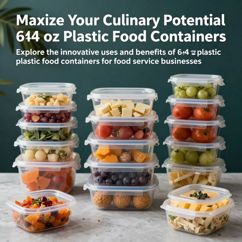 A collage of colorful 64 oz plastic food containers filled with assorted foods like salads, pastas, and desserts, highlighting their versatility in food service.