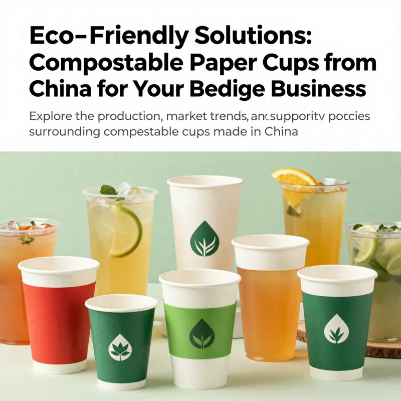Diverse compostable paper cups filled with drinks, emphasizing eco-friendly options for consumers.