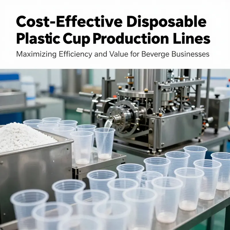 An illustration depicting the stages of manufacturing disposable plastic cups from materials to delivery.