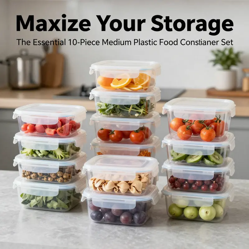 10-piece medium plastic food storage containers filled with various food items, showcasing storage effectiveness.