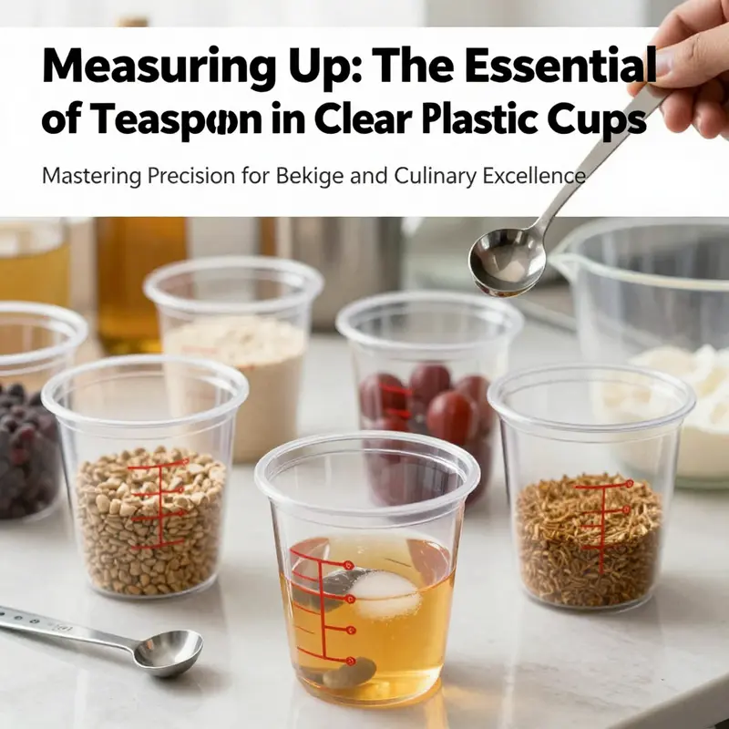 A well-organized kitchen with clear plastic measuring cups and various ingredients ready for precise measuring.