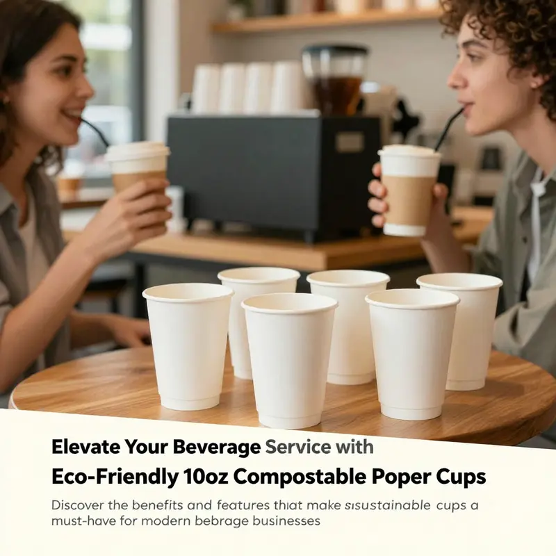 Customers enjoying drinks from eco-friendly 10oz compostable paper cups at a café.
