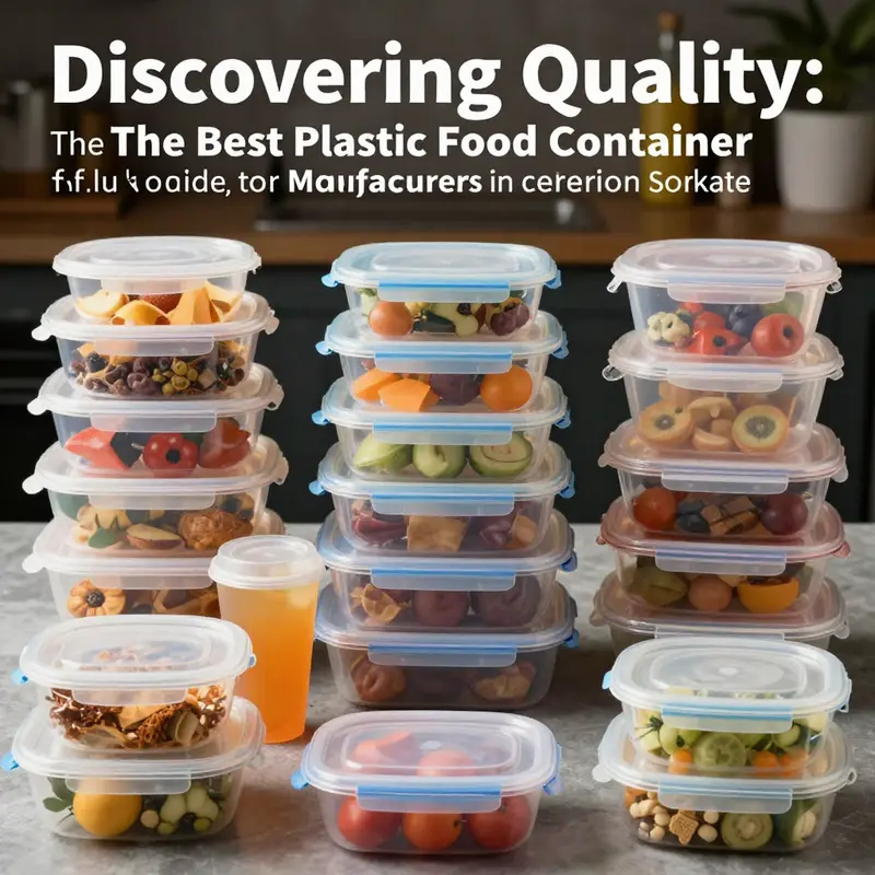 An artistic arrangement of assorted plastic food containers demonstrating their use in cafes, restaurants, and catering services.