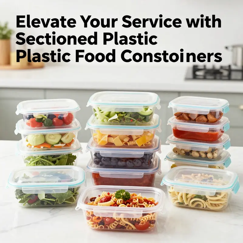 An array of sectioned plastic food containers filled with fresh ingredients, highlighting their versatility and material options.