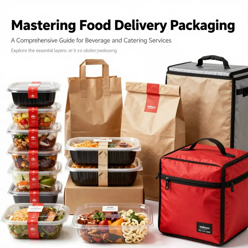 A collage of food delivery packaging types representing inner, middle, and outer layers.