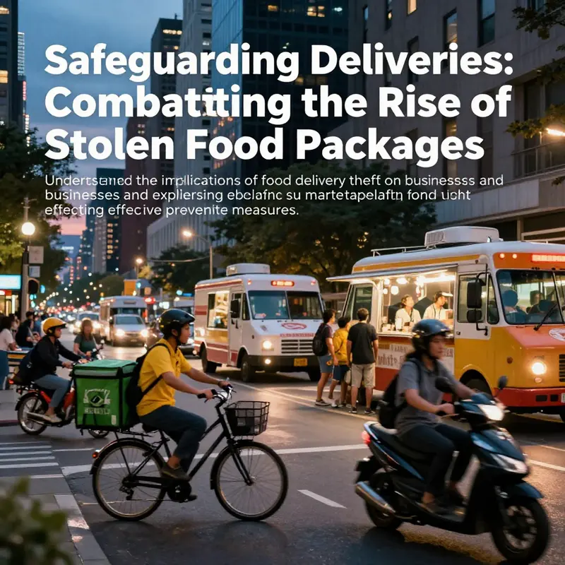 A lively cityscape depicting delivery drivers and food trucks at dusk, emphasizing the community importance of food delivery services.