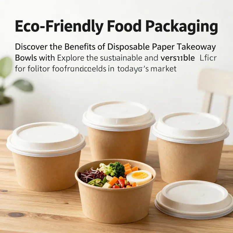 An assortment of colorful disposable paper bowls with lids artfully arranged on a wooden surface.