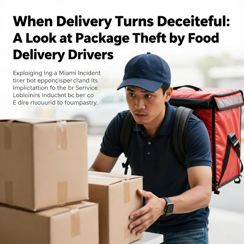 A food delivery driver delivering a meal, looking suspiciously at packages, reflecting the tension between service and theft.
