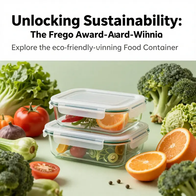 Frego award-winning food container with organic produce background, highlighting its eco-friendly design and functionality.