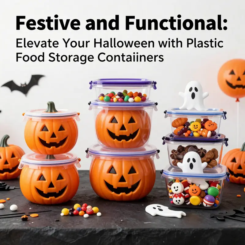 A collection of various Halloween plastic food storage containers, showcasing their festive designs and functionality.