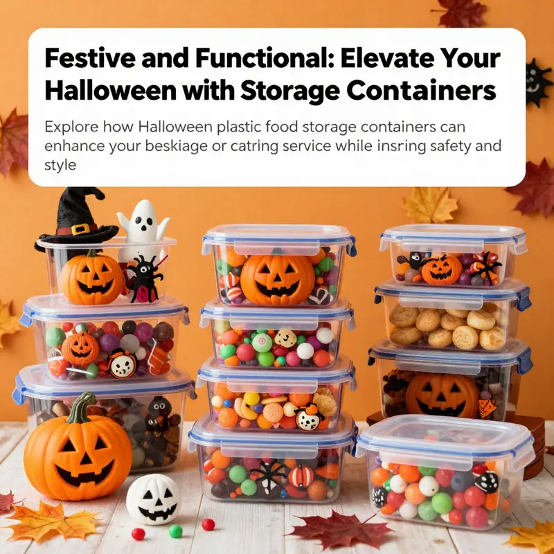 Various Halloween-themed plastic containers filled with candies, surrounded by decorations in an autumn-themed setting.