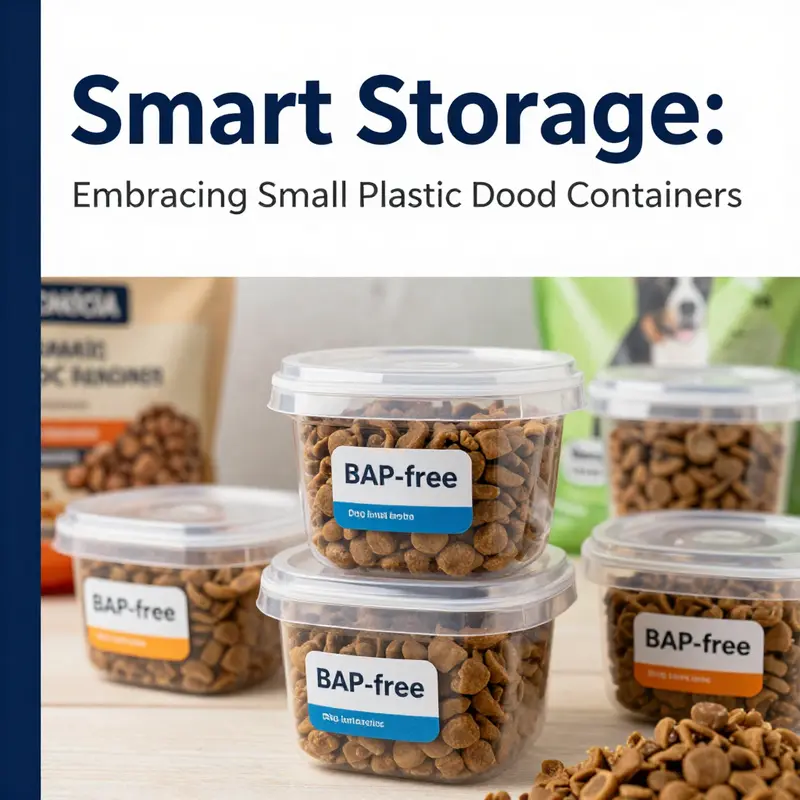 A display of small plastic dog food containers emphasizing their design features and usability.