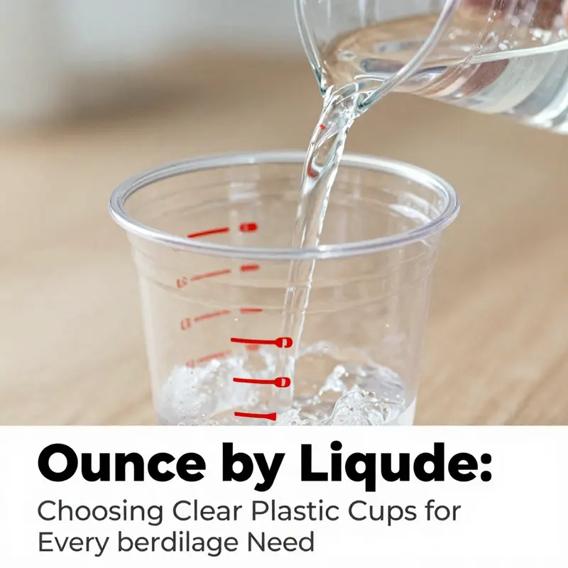 A variety of clear plastic cups displaying different ounce measurements suitable for various beverages.
