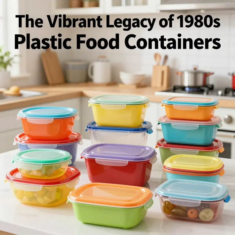 A range of colorful 1980s plastic food containers featuring unique designs and clever lid systems.