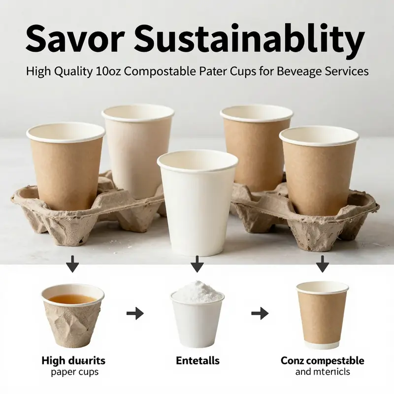 Highlighting the features of premium 10oz compostable paper cups.