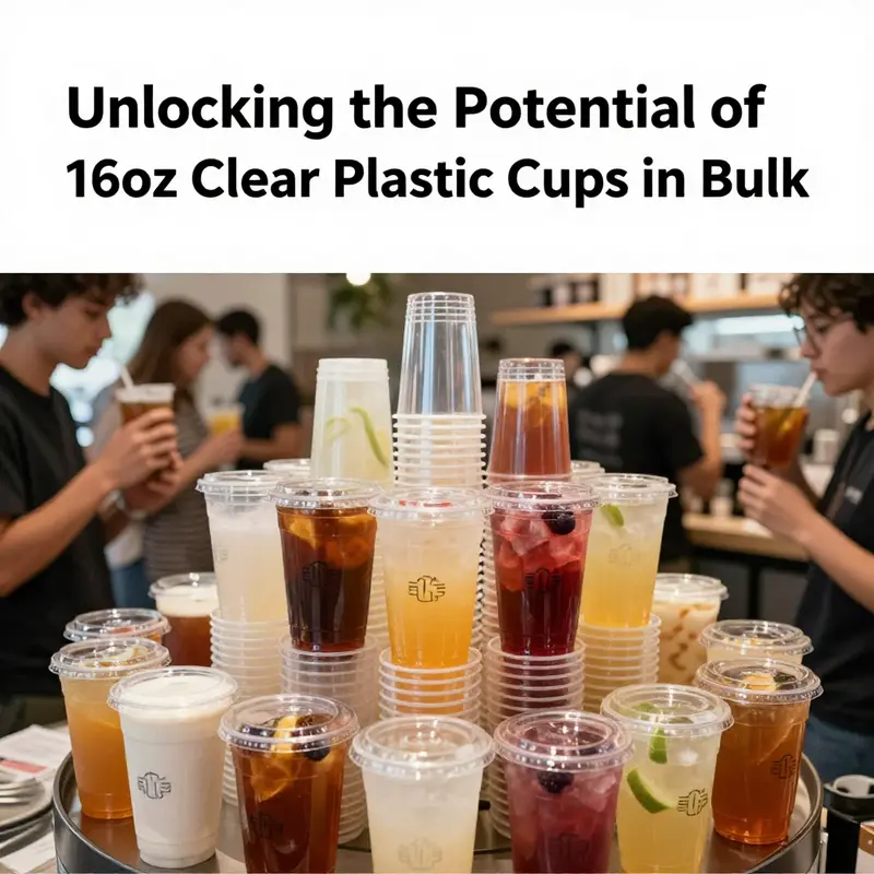 An array of 16oz clear plastic cups in a bustling cafe setting, showcasing their popularity in beverage service.