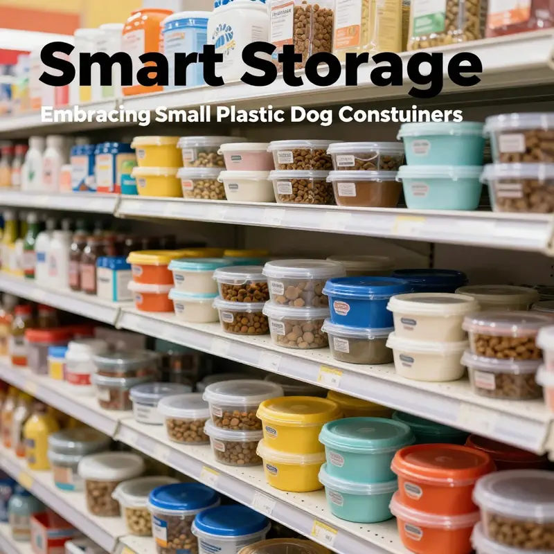 A display of small plastic dog food containers emphasizing their design features and usability.