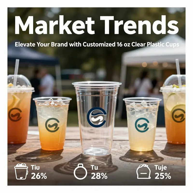 A showcase of custom 16 oz clear plastic cups displaying vibrant logos and beverage options.
