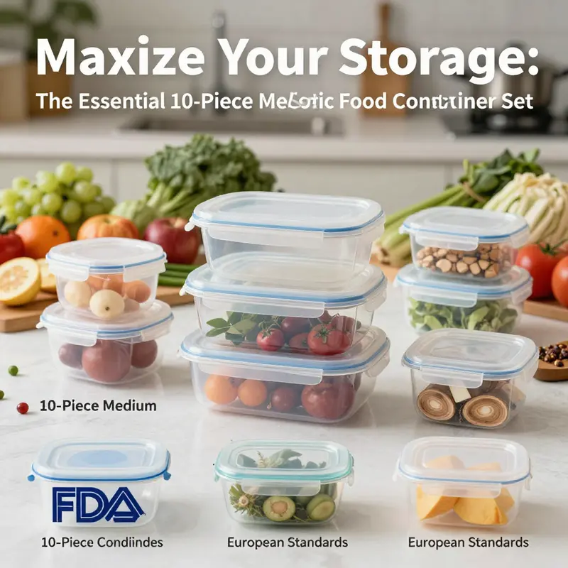 The vibrant display of the 10-piece plastic food container set, highlighting its versatility and aesthetic appeal.