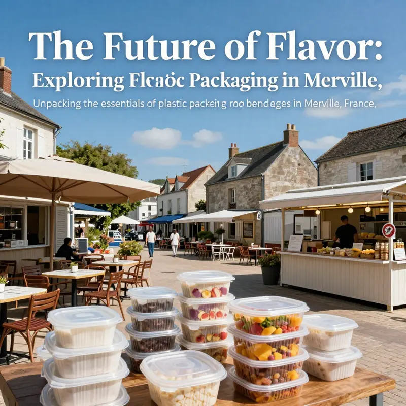 A vibrant culinary scene in Merville, France, featuring restaurants and food vendors utilizing plastic food packaging.