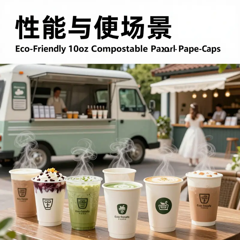 Highlighting the eco-friendly materials and features of 10oz compostable paper cups.