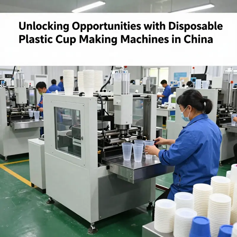 A vibrant manufacturing scene depicting the effectiveness and scale of disposable plastic cup production.