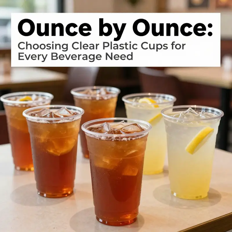 A variety of clear plastic cups displaying different ounce measurements suitable for various beverages.
