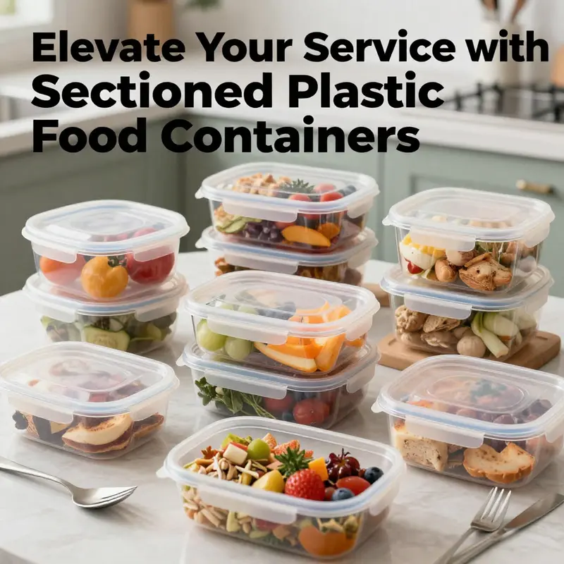 An arranged collection of colorful sectioned plastic food containers filled with different types of food.