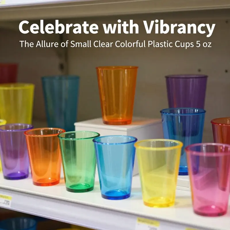 A vibrant array of small clear colorful plastic cups ready to catch the eye of consumers.