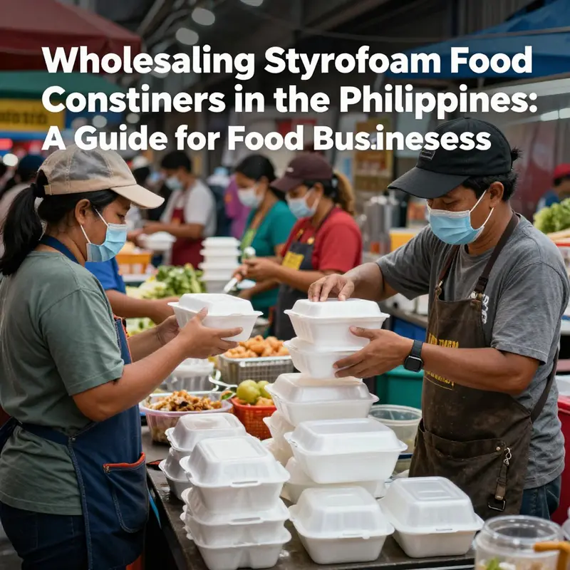 Vibrant market scene with food vendors serving customers using various styrofoam food containers.