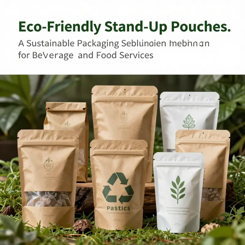A variety of sustainable stand-up pouches showcasing eco-friendly materials.