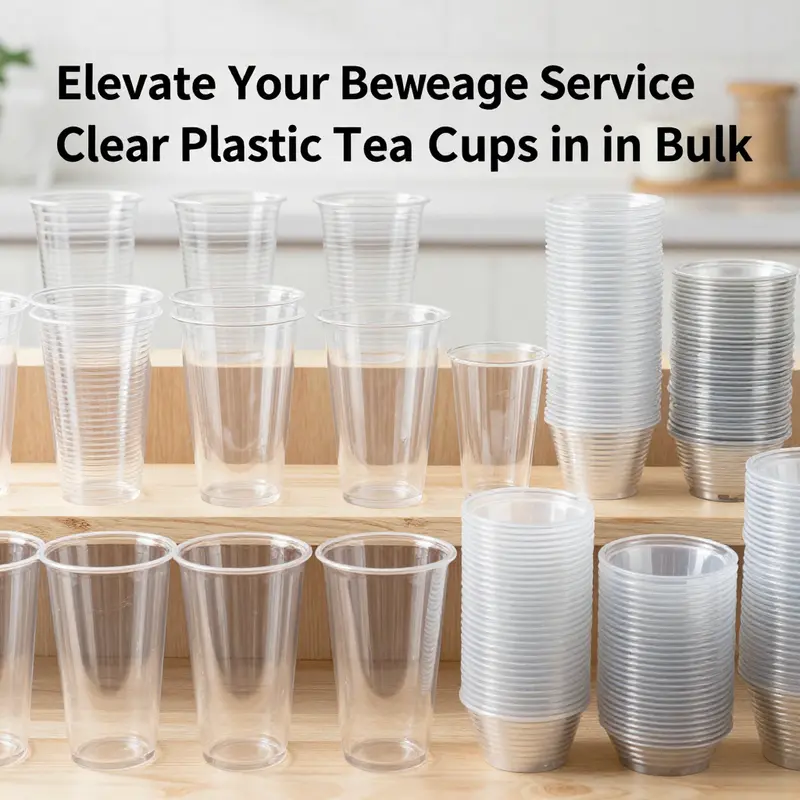 An assortment of clear plastic tea cups illustrating different types and sizes available in bulk.