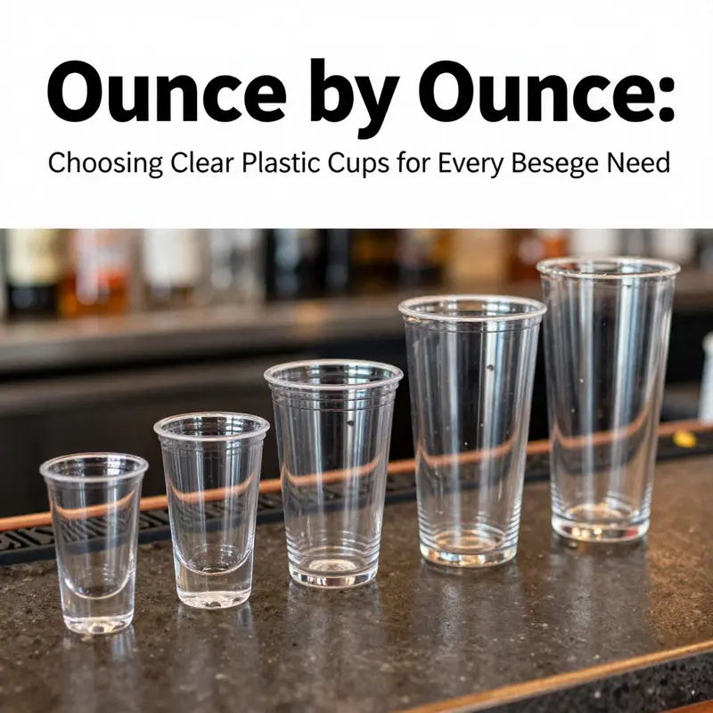 A variety of clear plastic cups displaying different ounce measurements suitable for various beverages.