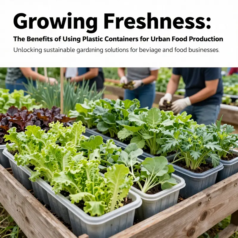 An urban garden with diverse plants cultivated in repurposed plastic containers showcasing sustainability.
