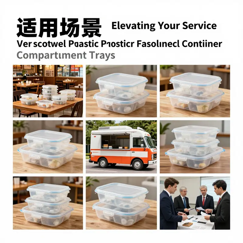 A multi-compartment plastic food tray showcasing different food items, perfect for efficient service.