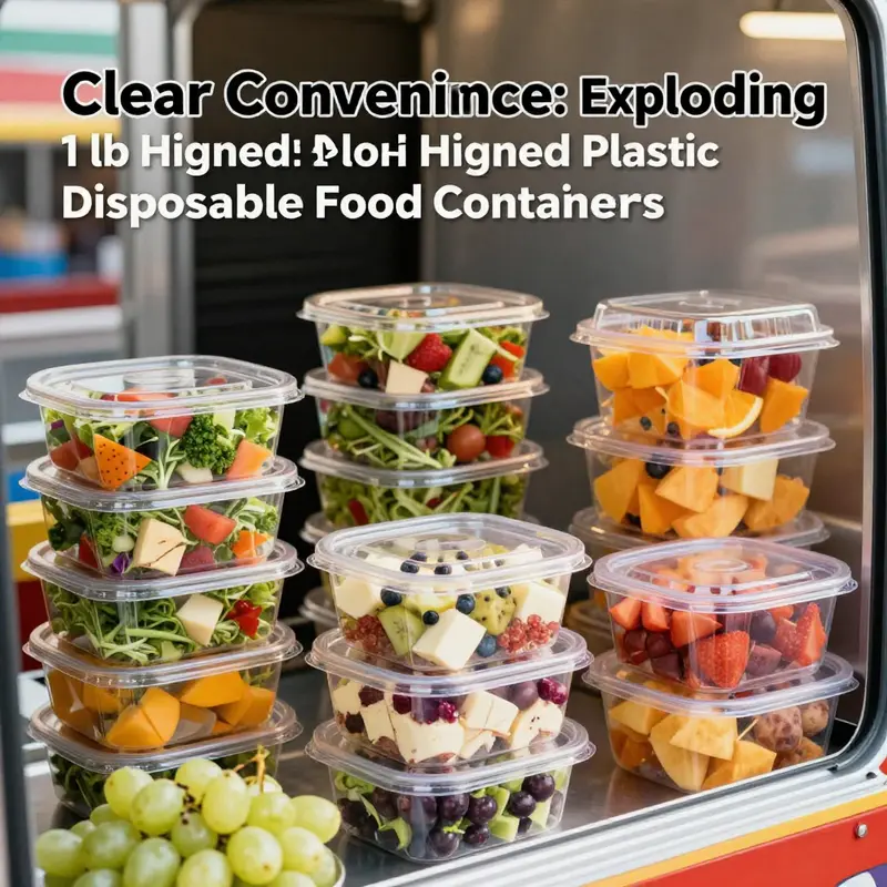 A detailed view of 1 lb clear hinged plastic disposable food containers stacked to display their design and durability.