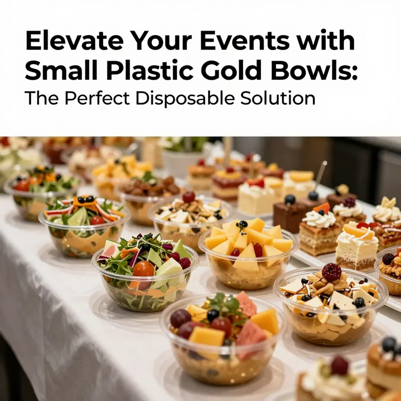 An assortment of small plastic gold disposable bowls, exemplifying different styles for versatile food service.