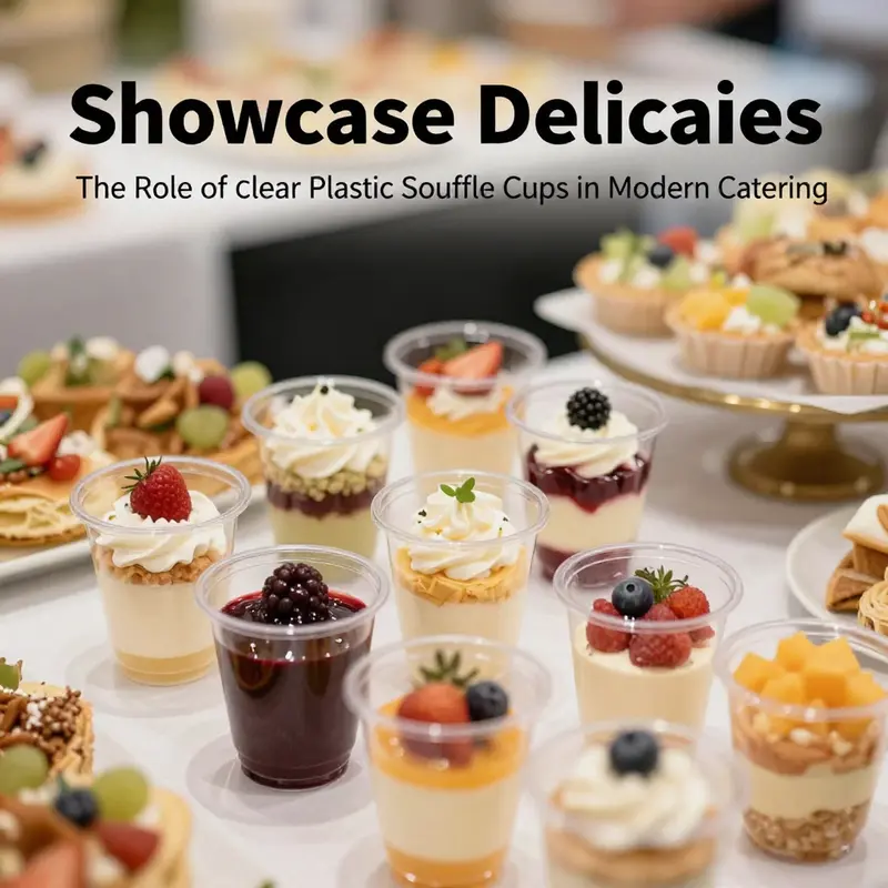 A beautiful arrangement of clear plastic soufflé cups showcasing a variety of desserts, perfect for catering events.