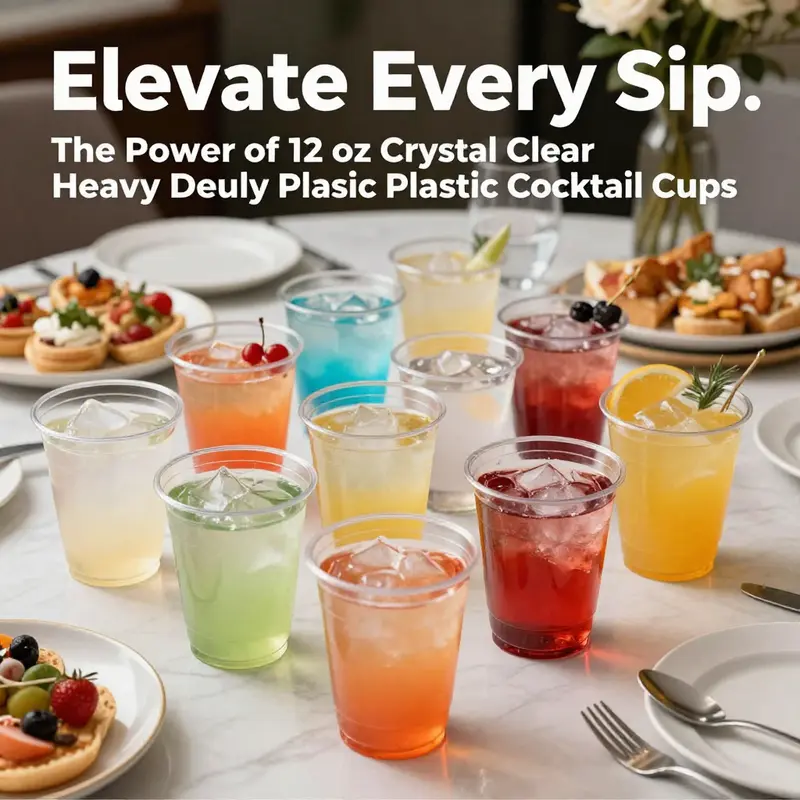 A stunning table setting with crystal clear plastic cocktail cups filled with cocktails and colorful appetizers.