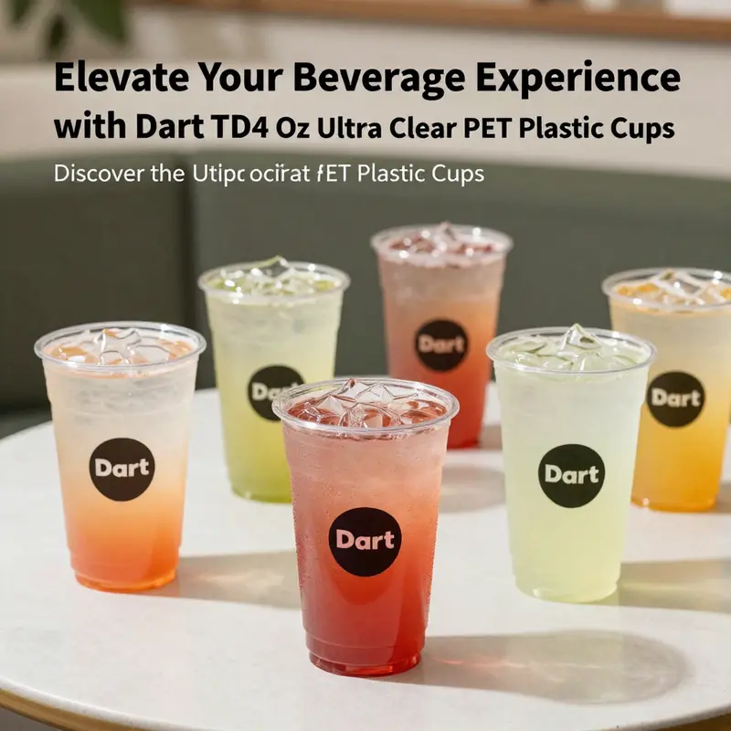 A beautifully arranged table showcasing Dart TD24 cups filled with a variety of colorful drinks, emphasizing their clarity and design.