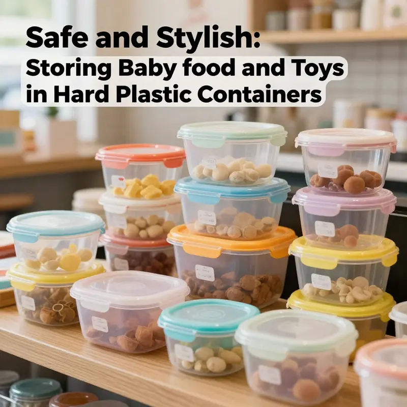 Various hard plastic containers arranged in a colorful setting, showcasing storage solutions for baby food and toys.