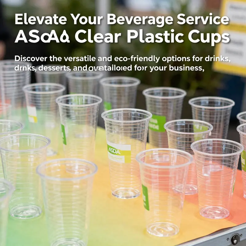 A collection of Asda clear plastic cups arranged in an inviting manner, catering to different use cases from drinks to desserts.