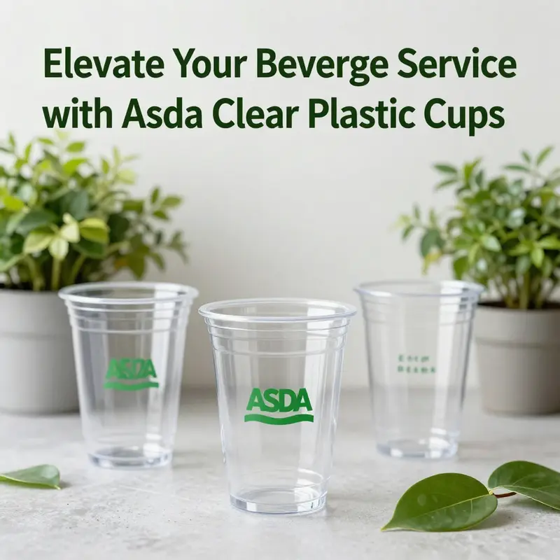 An array of Asda clear plastic cups in various sizes and styles, perfect for showcasing diverse drink offerings.