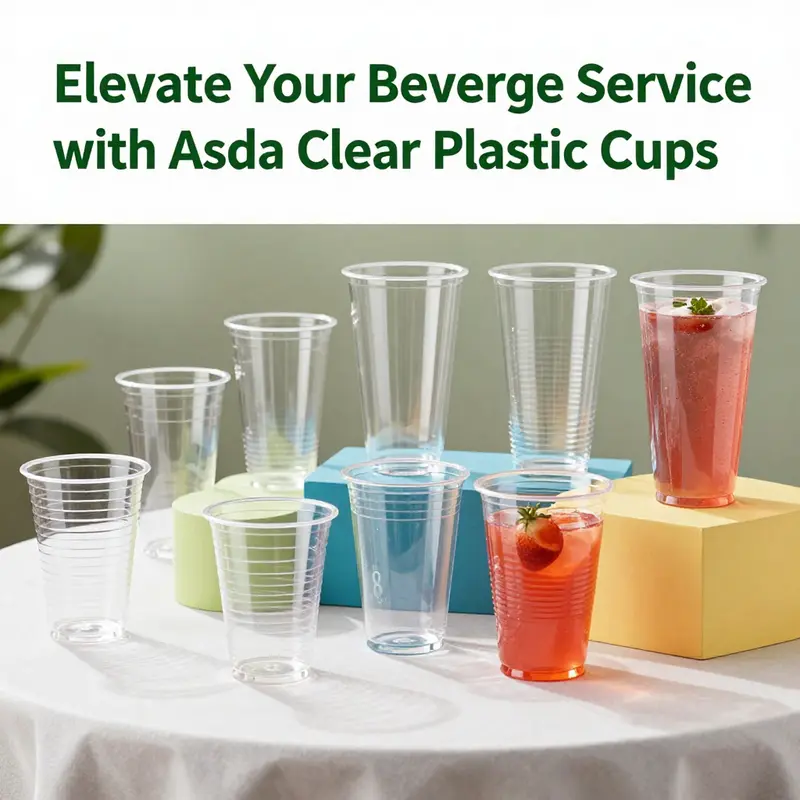 An array of Asda clear plastic cups in various sizes and styles, perfect for showcasing diverse drink offerings.