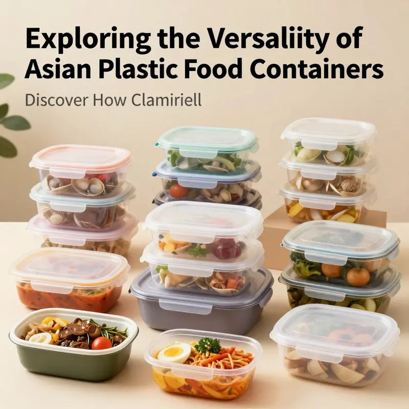 A variety of Asian plastic food containers filled with different cuisines, showcasing their functionality.
