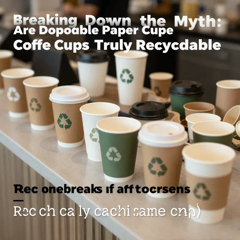 A collection of disposable paper coffee cups displayed on a café counter, illustrating diverse branding and eco-friendly designs.