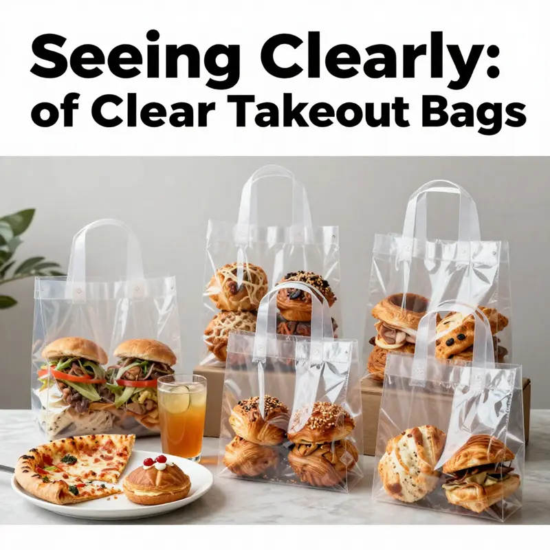 An assortment of clear takeout bags filled with food items on a table.