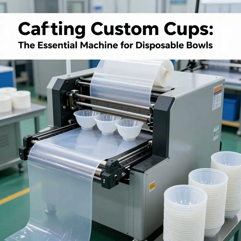 An automatic thermoforming machine efficiently producing custom disposable bowls in a state-of-the-art facility.