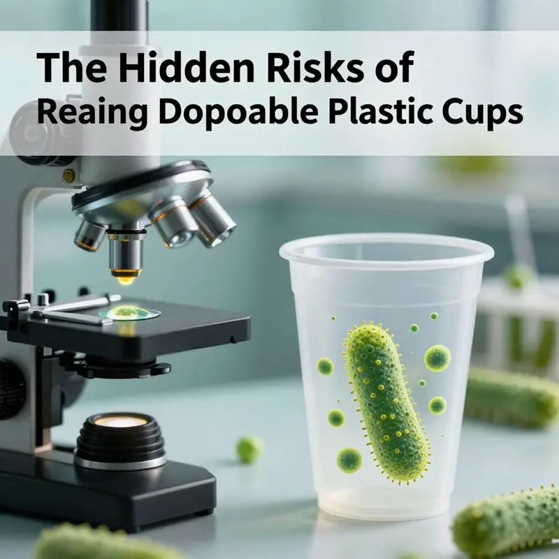 Health risks related to reused disposable plastic cups represented by damaged cups next to safer options.