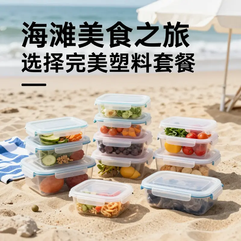 展示各种塑料容器的耐用性与便携性,适合海滩野餐。